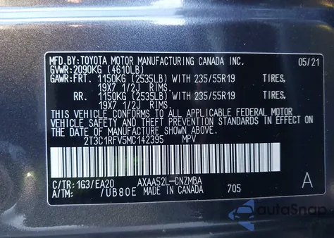 2021 Toyota Rav4 Xle Premium z USA, uszkodzony, nr VIN 2T3C1RFV5MC142395